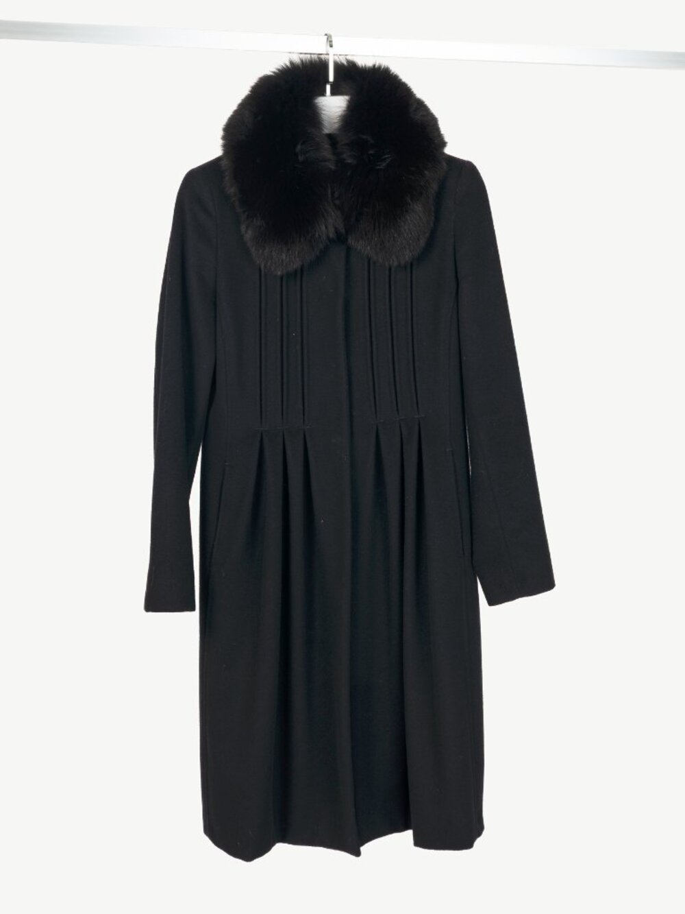 Max Mara Studio Black Wool Fur-Collar Pintuck Coat